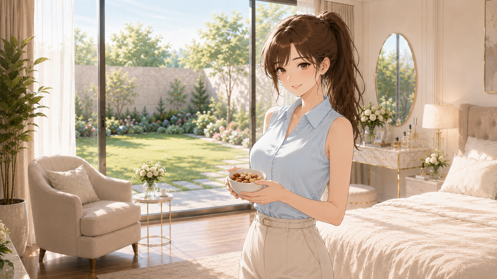 襟の詰まったライトブルーのブラウスを着て、窓辺でナッツの日 朝のヘルシーな間食を楽しむ、スレンダーで女性らしい日本人女性。Ruriの日記。