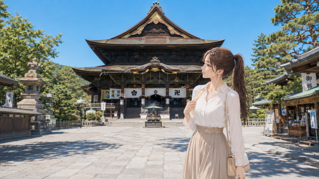 日本の魅力である長野県・善光寺の壮大な本堂を背景に、石畳に立って微笑む女性