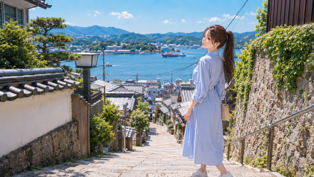 日本の魅力である尾道の坂道で、瀬戸内海の絶景を背に微笑む女性