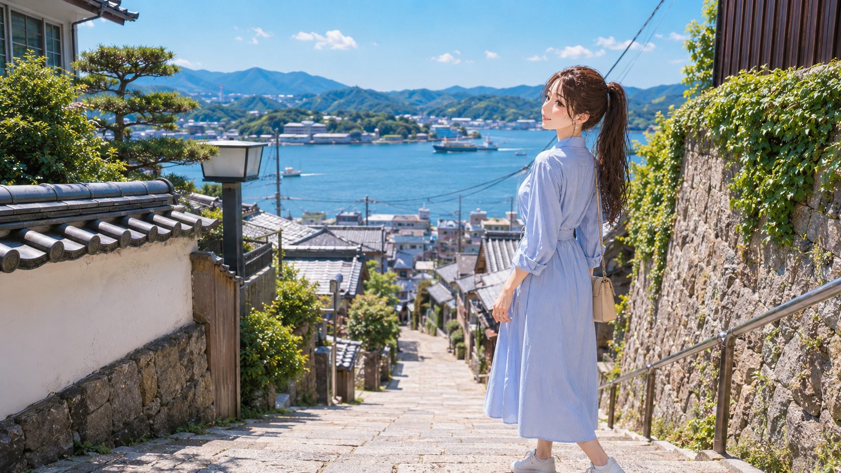 日本の魅力である尾道の坂道で、瀬戸内海の絶景を背に微笑む女性
