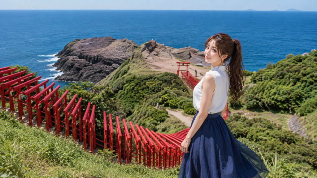 日本の魅力である元乃隅神社の連なる赤い鳥居と青い海を背景に微笑む女性