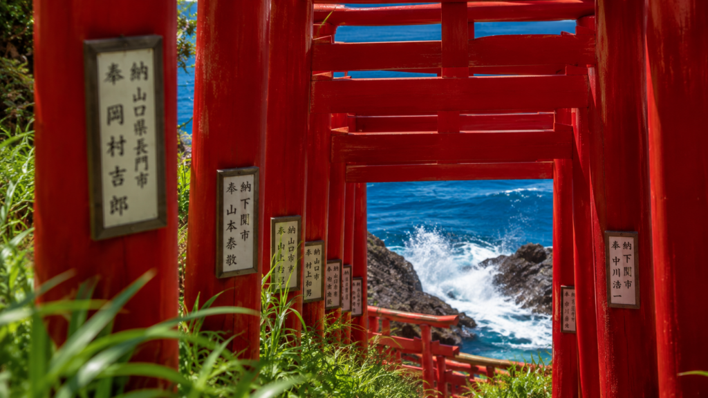 元乃隅神社の真っ赤な鳥居の柱と、その奥に見える日本海の白波のクローズアップ