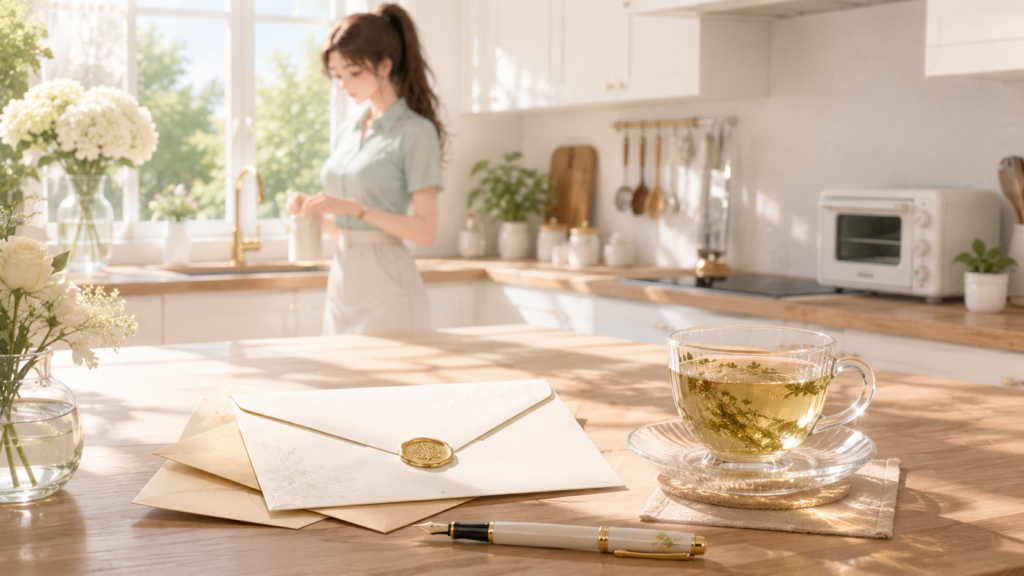 白と木目が調和した美しいキッチンカウンター。ふみの日 朝のお供である手紙のセットと温かいハーブティー。遠くに朝の庭園。