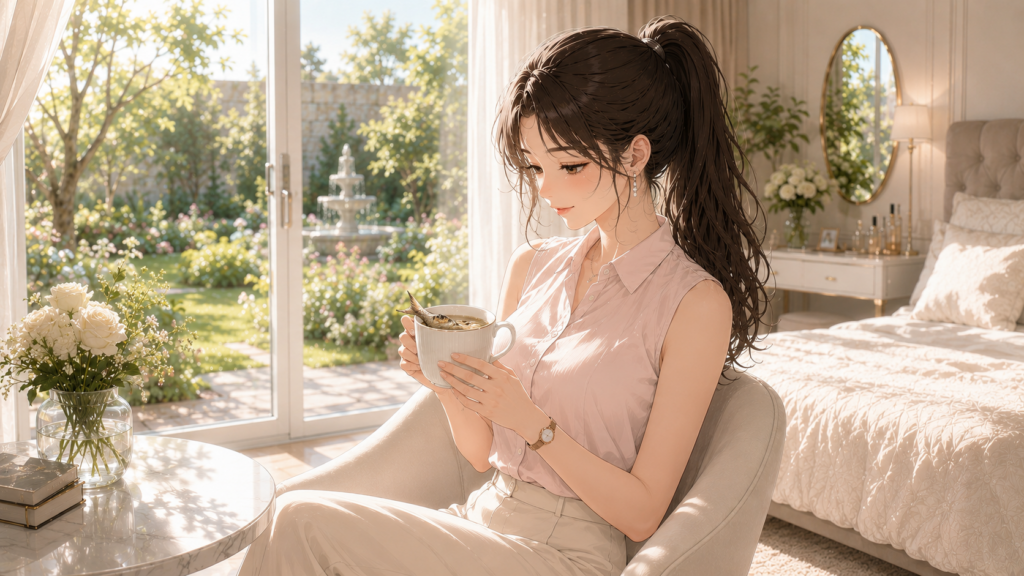 襟の詰まったペールピンクのブラウスを着て、窓辺でセルフケアの日 朝のお白湯を飲む、スレンダーで女性らしい日本人女性。Ruriの日記。