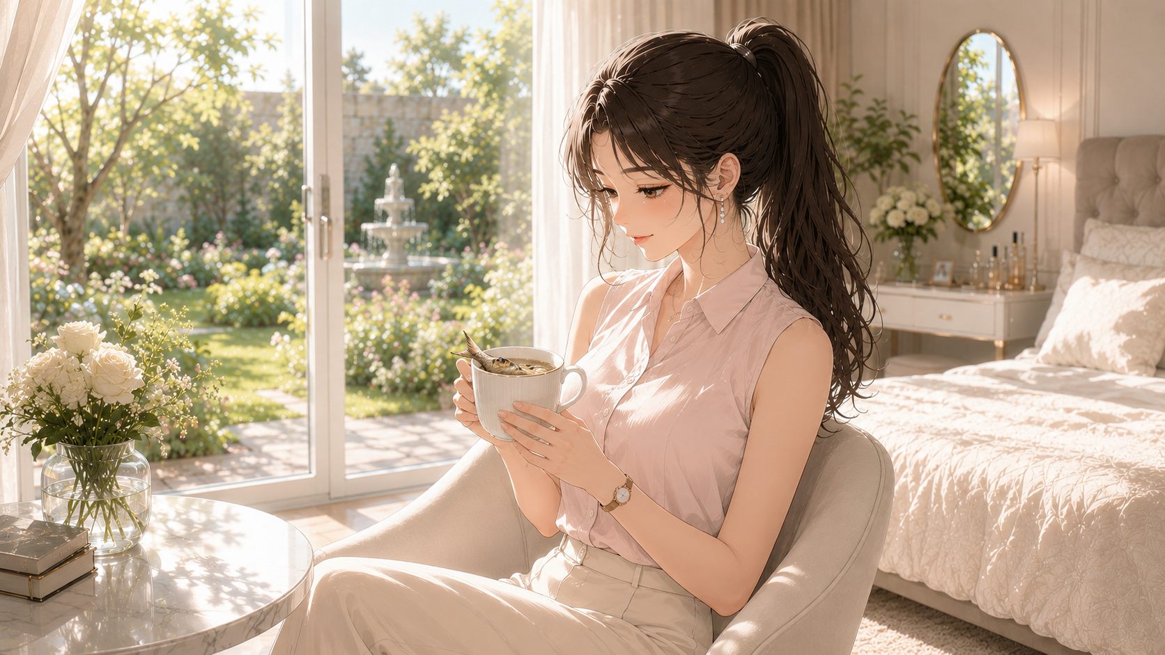 襟の詰まったペールピンクのブラウスを着て、窓辺でセルフケアの日 朝のお白湯を飲む、スレンダーで女性らしい日本人女性。Ruriの日記。