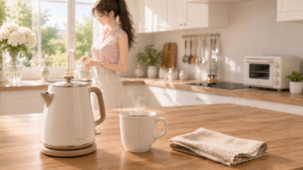 白と木目が調和した美しいキッチンカウンター。セルフケアの日 朝に飲むお白湯とケトル。遠くに朝の庭園。