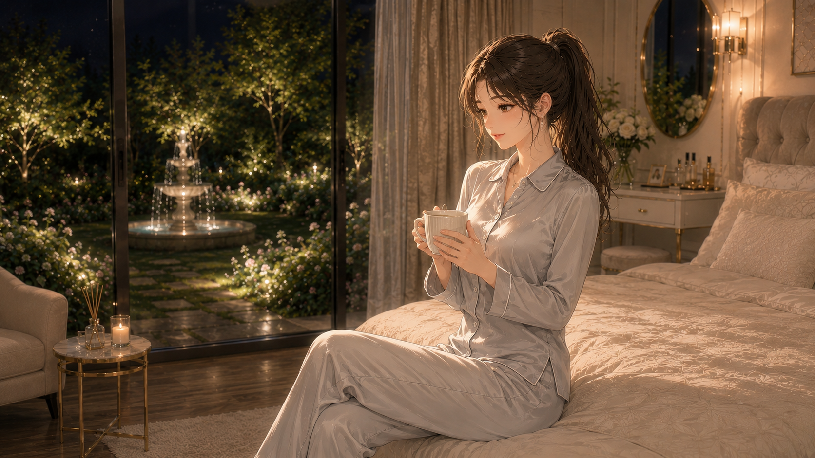 襟の詰まったライトグレーのパジャマを着て、お風呂上がりにベッドサイドで寛ぐスレンダーで女性らしい日本人女性。Ruriの日記。