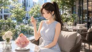 襟元の詰まったライトブルーのサマードレスを着て、都会のテラス席でかき氷の日 朝のお出かけを楽しむスレンダーで女性らしい日本人女性。Ruriの日記。