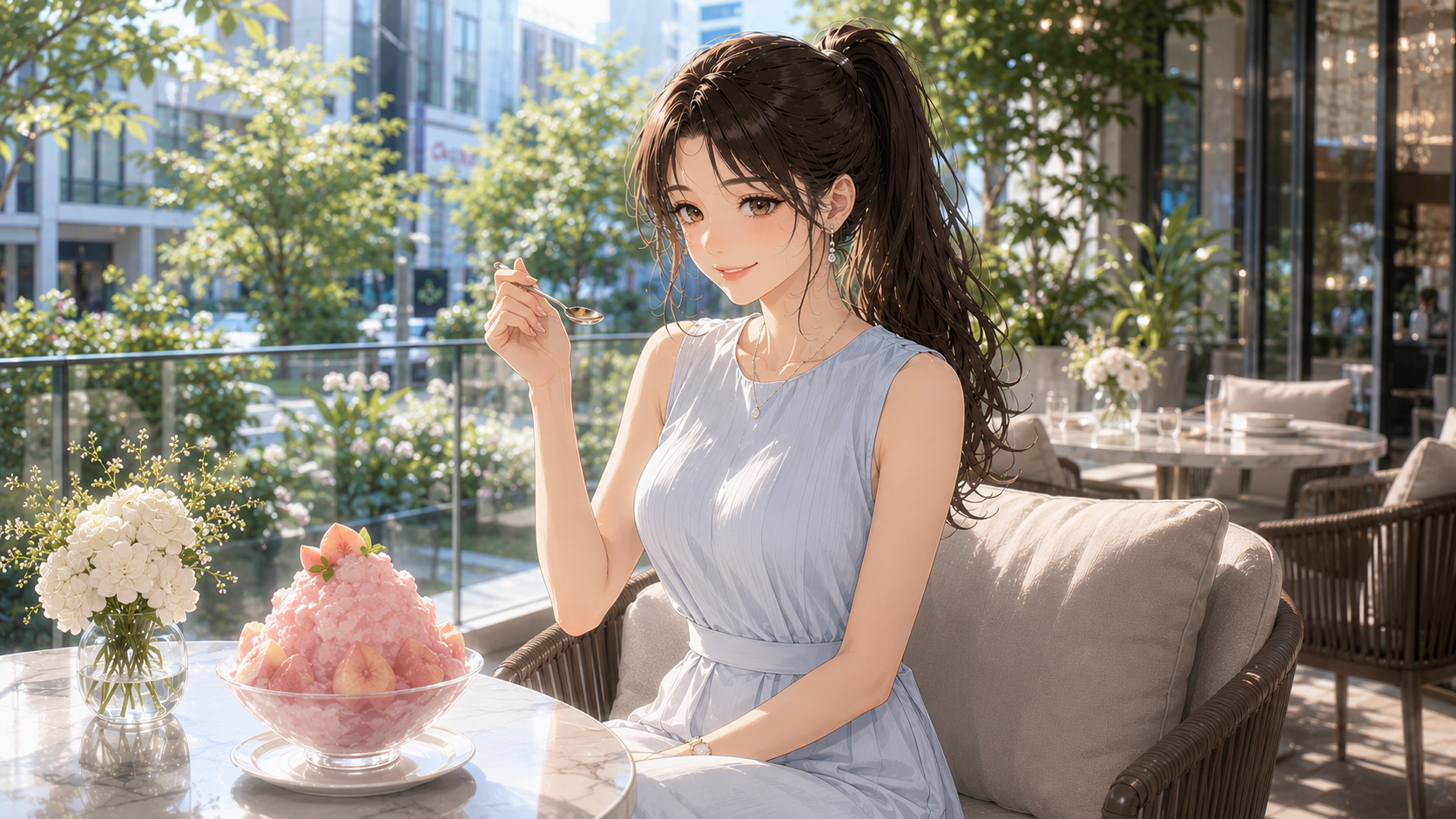 襟元の詰まったライトブルーのサマードレスを着て、都会のテラス席でかき氷の日 朝のお出かけを楽しむスレンダーで女性らしい日本人女性。Ruriの日記。