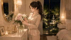 襟の詰まったシャンパンゴールドのパジャマを着て、チェストの上で土曜夜のフラワーセラピーを楽しむスレンダーで女性らしい日本人女性。Ruriの日記。