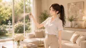 白いリネンシャツを着て、ルームスプレーで幽霊の日 朝の空間浄化を楽しむ、スレンダーで女性らしい日本人女性。Ruriの日記。