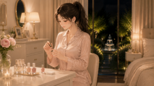 襟の詰まったペールピンクのパジャマを着て、ベッドルームで日曜夜のネイルケアを楽しむスレンダーで女性らしい日本人女性。Ruriの日記。