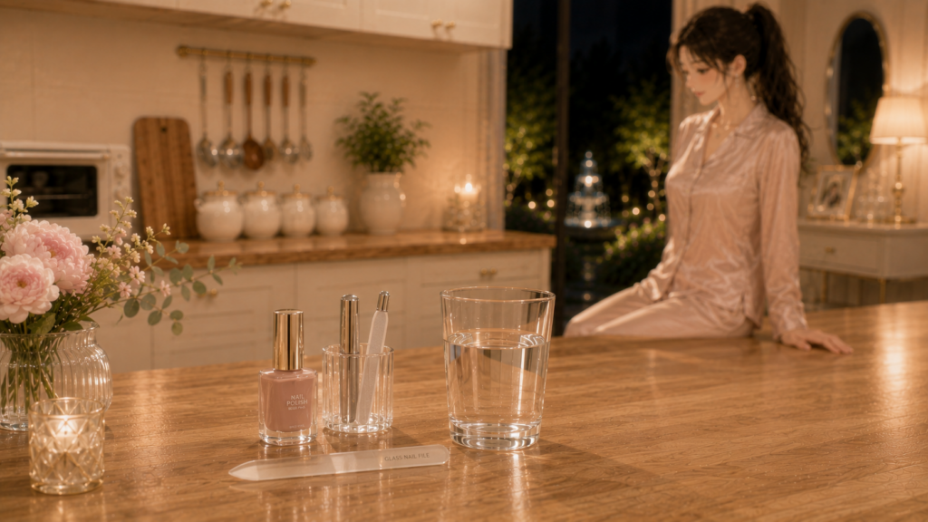白と木目が調和した美しいキッチンカウンター。日曜夜のネイルケアに使うマニキュアとガラスの爪やすり。遠くに夜の庭園。