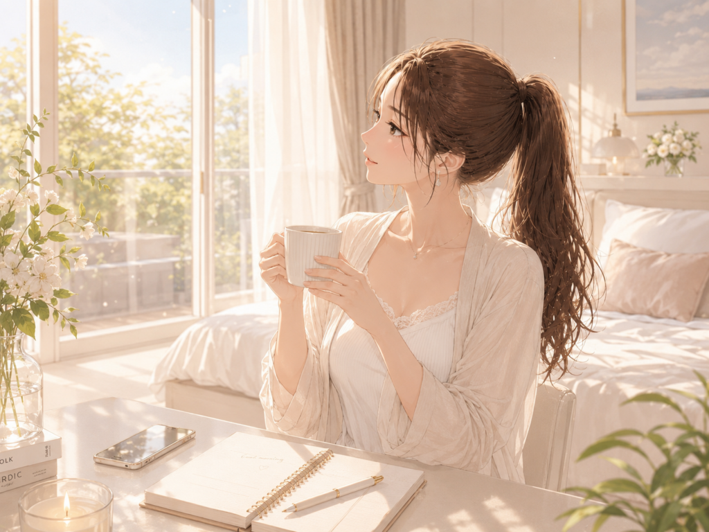 明るい朝の部屋で一日の始まりを迎える女性のイラスト