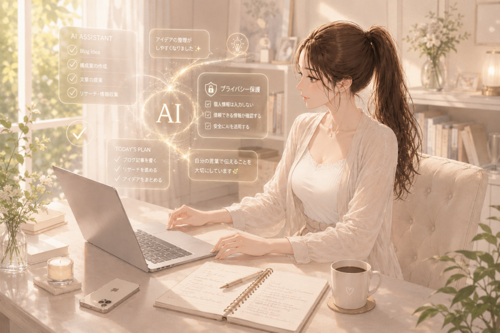 AIを安全に使いながら自宅のワークスペースで作業する女性のイラスト