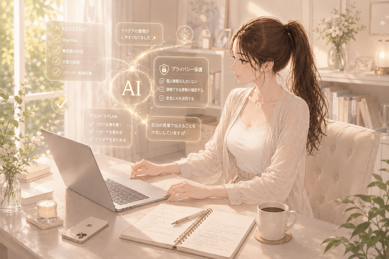 AIを安全に使いながら自宅のワークスペースで作業する女性のイラスト