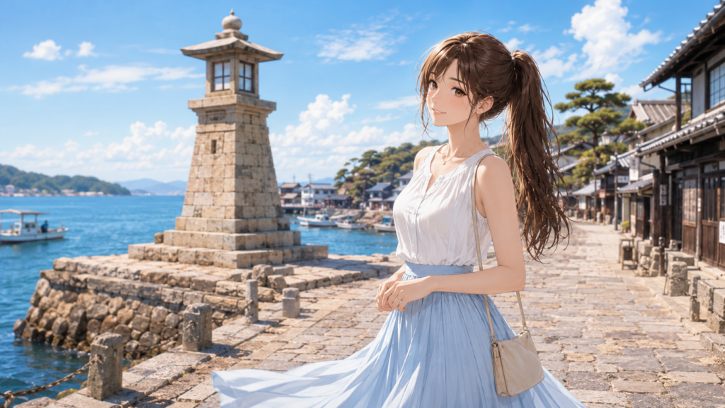 日本の魅力である鞆の浦の歴史的な石造りの常夜燈と青い海を背景に微笑む女性