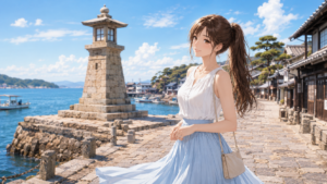 日本の魅力である鞆の浦の歴史的な石造りの常夜燈と青い海を背景に微笑む女性