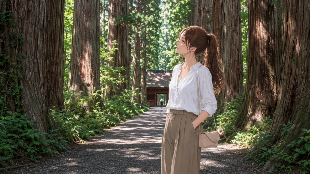日本の魅力である戸隠神社の樹齢400年の杉並木を背景に見上げて微笑む女性