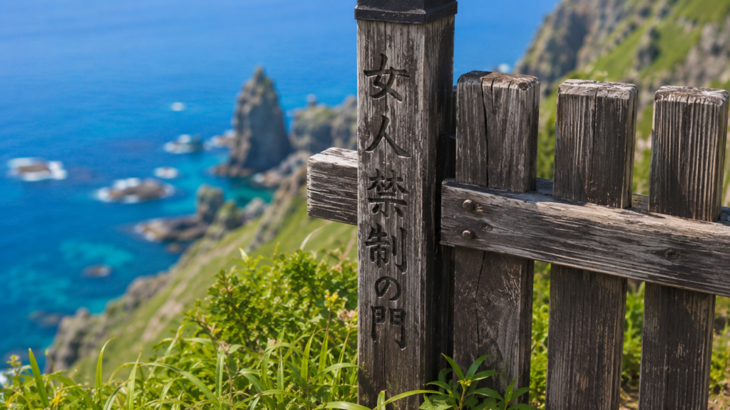 神威岬の緑の岬に建つ、歴史ある「女人禁制の門」と背景に広がる積丹ブルーの海