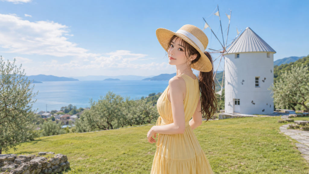 日本の魅力である小豆島の青い海と白いギリシャ風車を背景に微笑む女性
