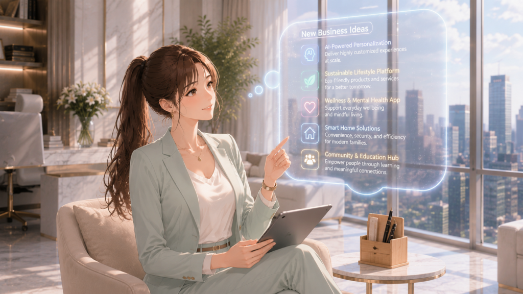オフィスの窓際ラウンジでタブレットから浮かぶAIブレストのアイデア案を見る女性