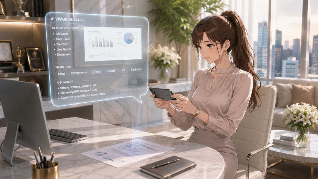 デスク上でスマホのカメラからAIビジョンによる画像解析のホログラムを表示させる女性経営者