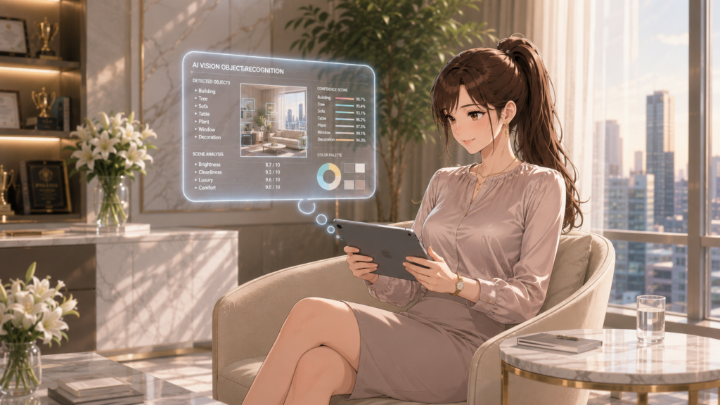 オフィスの窓際ラウンジでタブレットのAIビジョンホログラムを見る女性