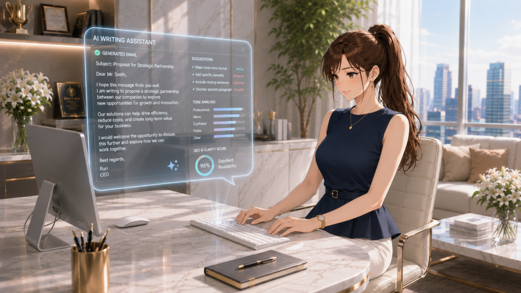 デスク上でAIライティングが自動生成したビジネス文章のホログラムを確認する女性経営者