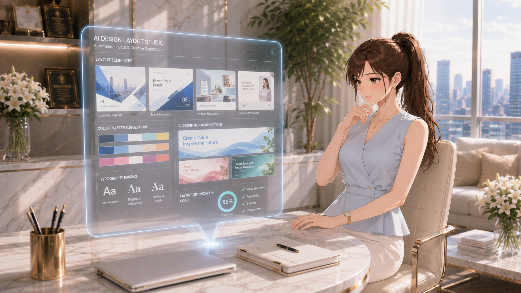 デスク上でAIデザインが自動作成したプロ級バナーのホログラムを確認する女性経営者