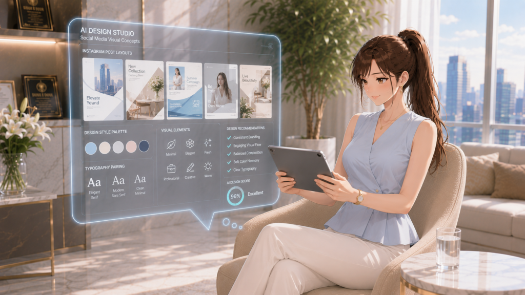 柔らかな自然光が差し込むオフィスのラウンジコーナー。ソファに座るRuriのタブレットの上から、吹き出し型の透明ホログラムUIが浮かび上がり、多様なデザイン案をリラックスして確認している風景。