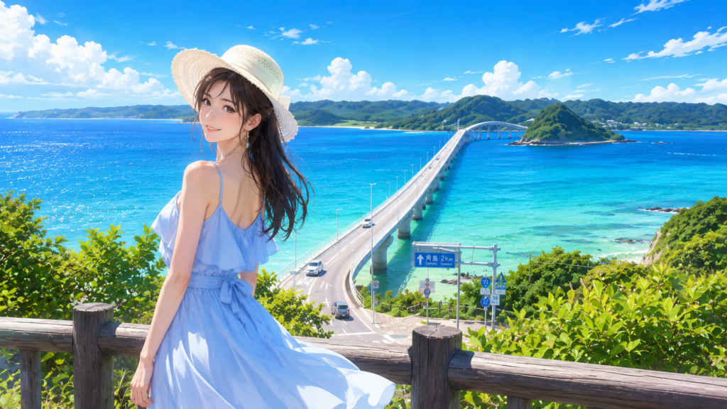 日本の魅力である山口県・角島大橋のコバルトブルーの海を背景に振り返る
