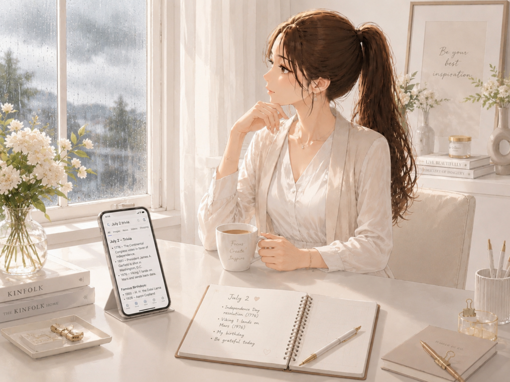 雨の朝に自宅のテーブルで7月2日の豆知識を調べる様子のイラスト
