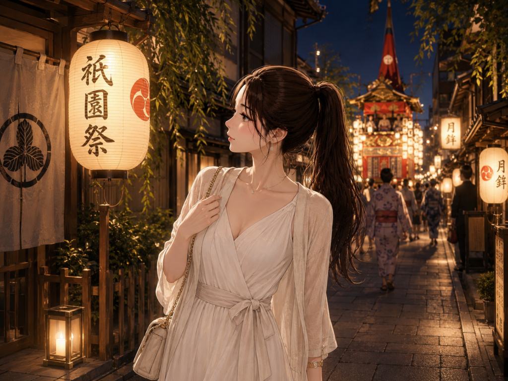 京都の祇園祭の山鉾と提灯を背景に歩く女性のイラスト