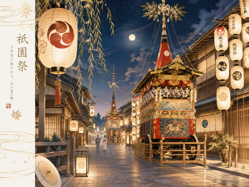 京都の祇園祭で山鉾と提灯が並ぶ夏の街並みのイラスト