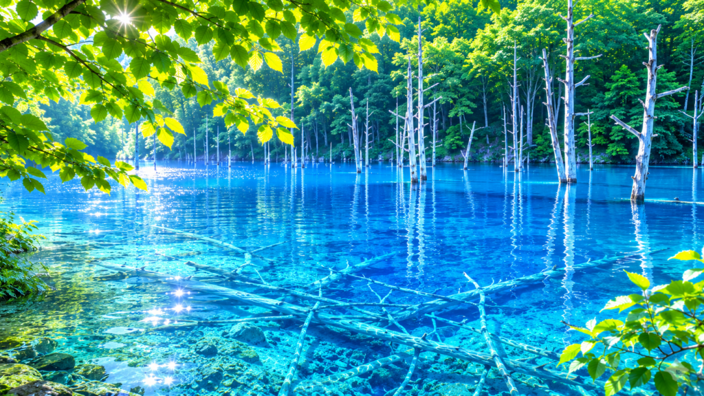 恐ろしいほど透明な青池の水と、底に沈む朽ちた倒木のクローズアップイラスト