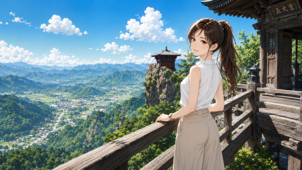 日本の魅力である山形県・山寺（立石寺）の五大堂からの絶景を背景に微笑む、知的でスレンダーな女性のイラスト