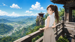 日本の魅力である山形県・山寺（立石寺）の五大堂からの絶景を背景に微笑む、知的でスレンダーな女性のイラスト