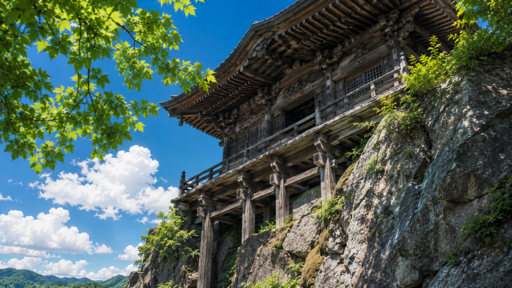 山寺（立石寺）の岩山に建つ歴史ある木造建築「納経堂」のクローズアップイラスト