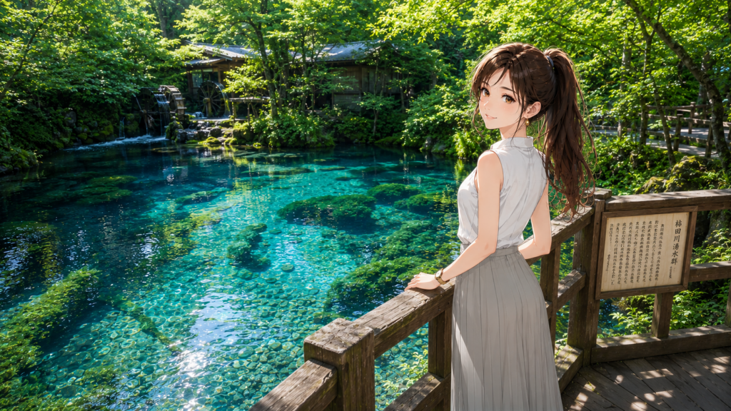 日本の魅力である静岡県・柿田川湧水群の透き通るブルーの湧水を背景に微笑む、知的でスレンダーな女性のイラスト