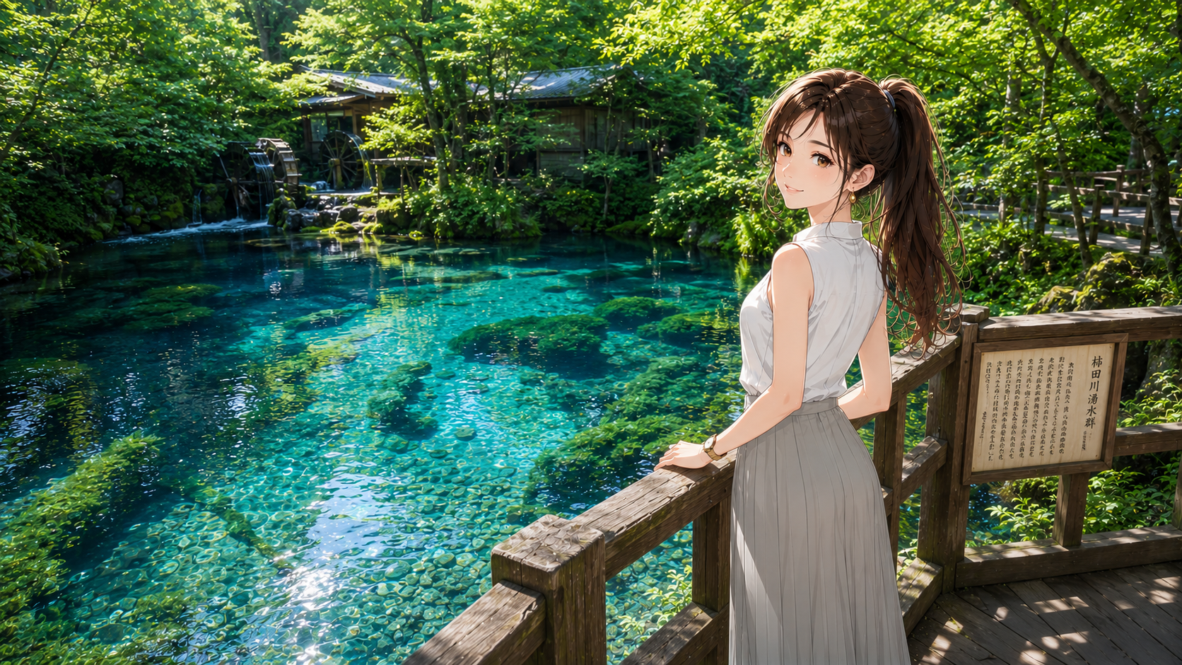 日本の魅力である静岡県・柿田川湧水群の透き通るブルーの湧水を背景に微笑む、知的でスレンダーな女性のイラスト