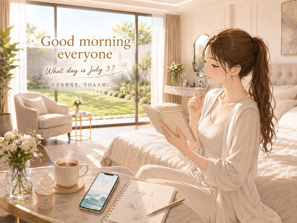 朝の部屋で7月3日は何の日かを調べる女性のイラスト