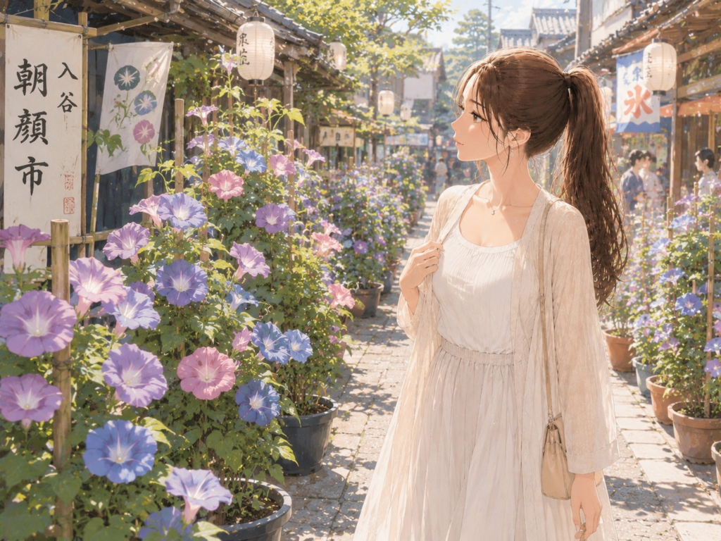 入谷朝顔まつりで朝顔の鉢植えが並ぶ通りを歩く女性のイラスト