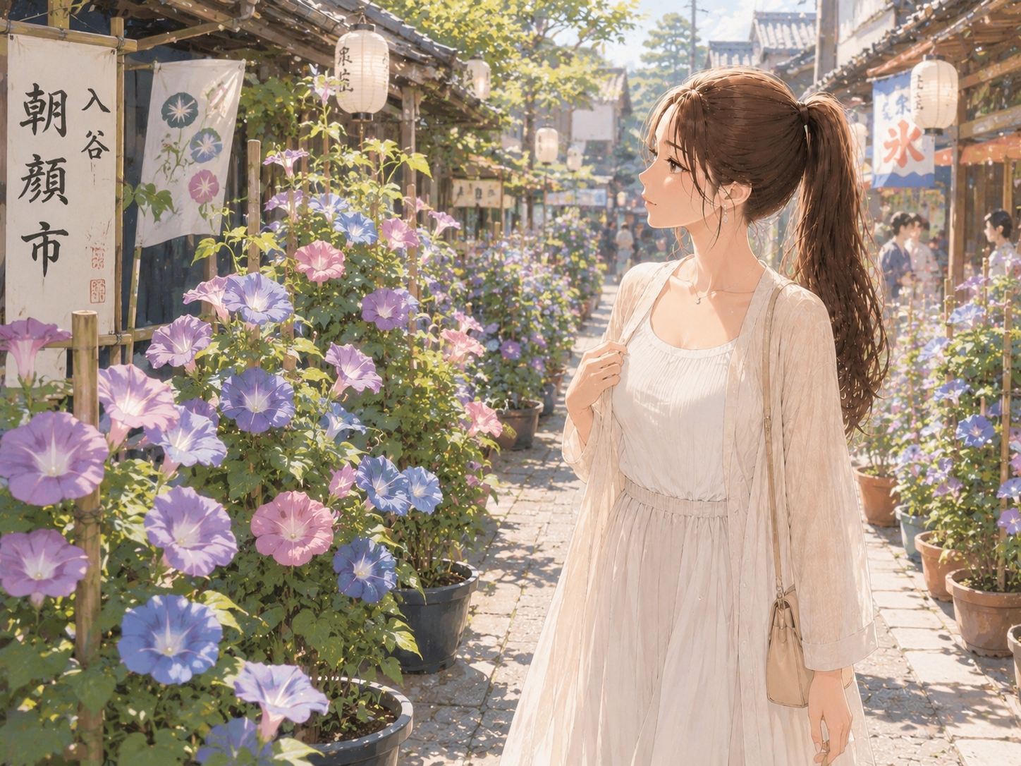 入谷朝顔まつりで朝顔の鉢植えが並ぶ通りを歩く女性のイラスト