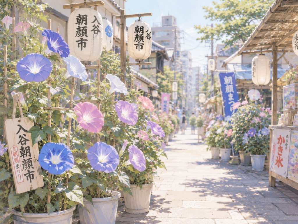 朝顔の鉢植えが並ぶ入谷朝顔まつりの夏の街並みのイラスト