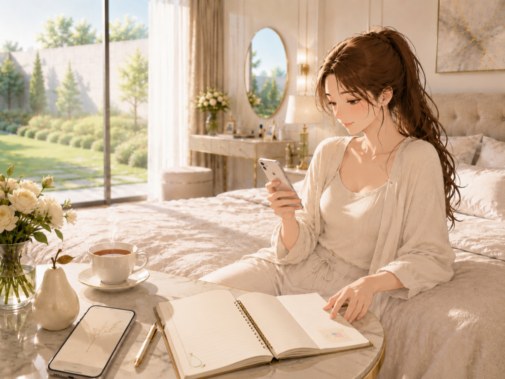 朝の部屋で7月4日は何の日かを調べる女性のイラスト
