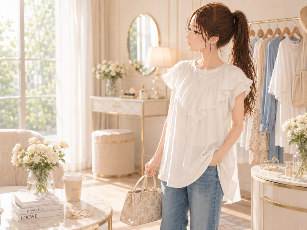 ReDial.の揺れるフリルTシャツを着た女性の大人カジュアルコーデイラスト