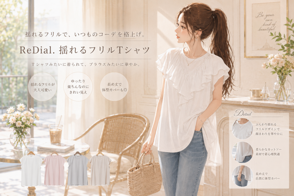 揺れるフリルTシャツを使った上品な大人カジュアルコーデのイラスト
