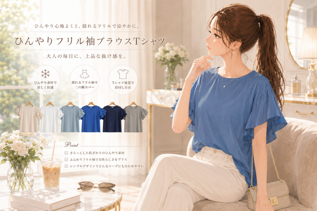 ひんやりフリル袖ブラウスTシャツを着た女性の夏コーデイラスト