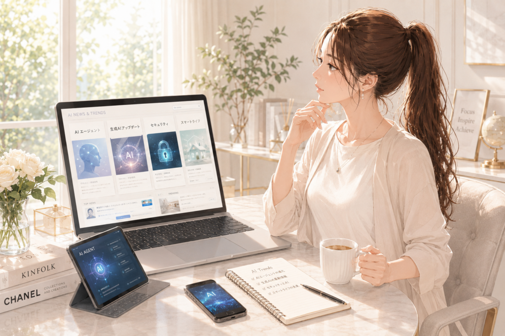 AIの最新情報を自宅ワークスペースで確認する女性のイラスト